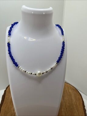 Blue Lapis Beaded Pearl and Silver Accents Necklace - Women Jewelry